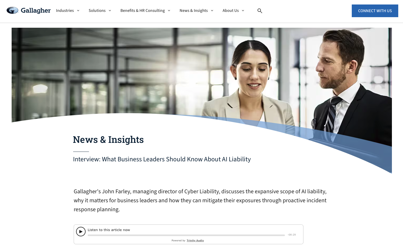 Screenshot of the Gallagher News & Insights article: Interview: What Business Leaders Should Know About AI Liability