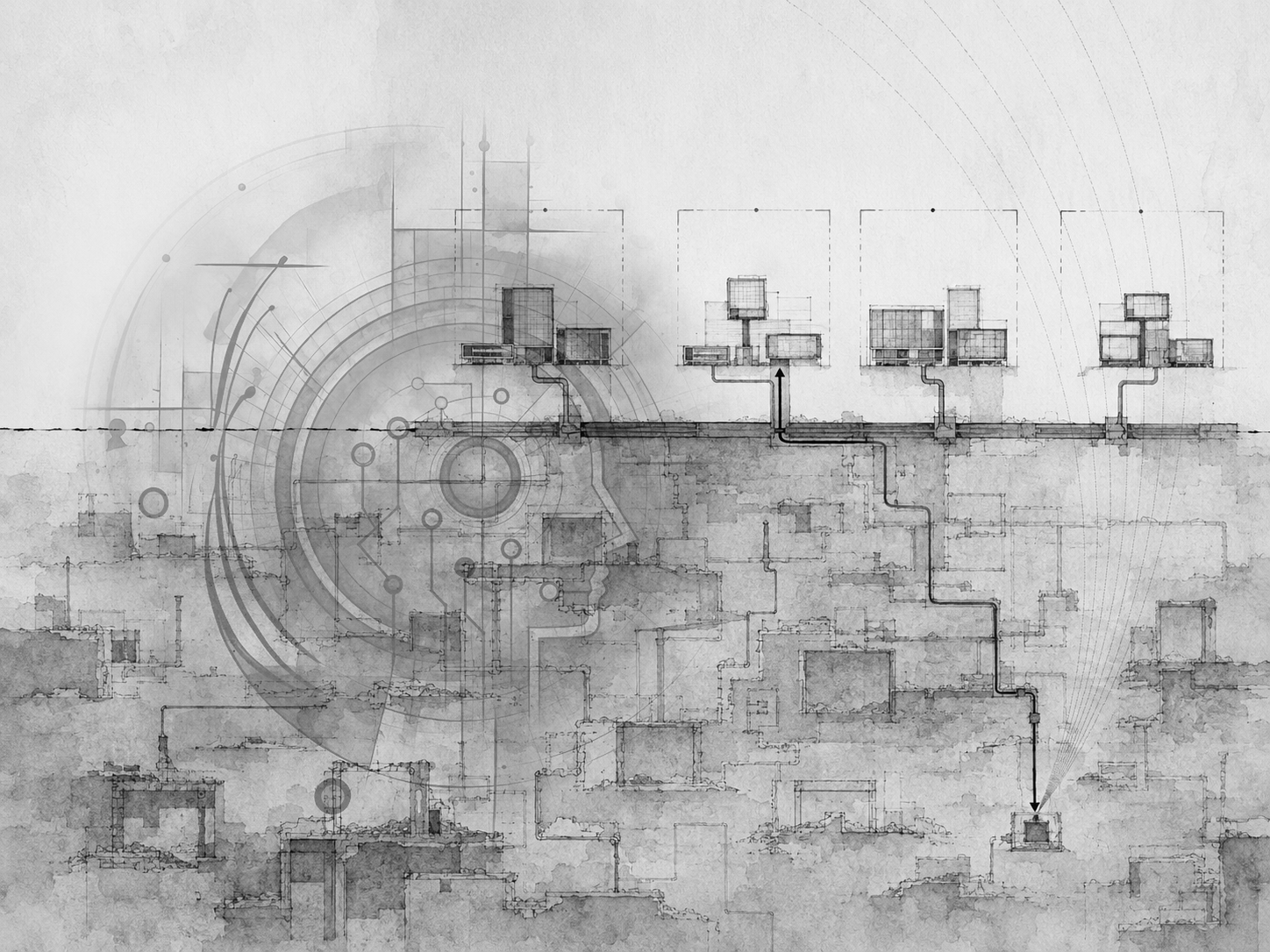 AAAtraq - all rights reserved Monochrome architectural cross-section illustrating the cyber exposure public-entity risk pools cannot see. Four member organisations appear as small, controlled digital estates above an incomplete inventory boundary, while a much larger layer of forgotten websites, unsupported applications, supplier-hosted services and legacy infrastructure remains outside active ownership and maintenance below. A dark route rises from one orphaned asset, breaches a member’s managed estate and reaches the shared risk layer, showing how an unknown digital weakness can create operational, financial, legal and insurance exposure for the member and potentially the pool. Faint scanning arcs represent AI-assisted discovery, which makes hidden assets and exploitable vulnerabilities faster and cheaper for attackers to identify.